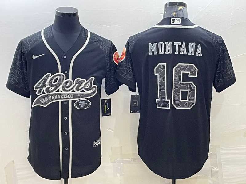 Men%27s San Francisco 49ers #16 Joe Montana Black Reflective With Patch Cool Base Stitched Baseball Jersey
